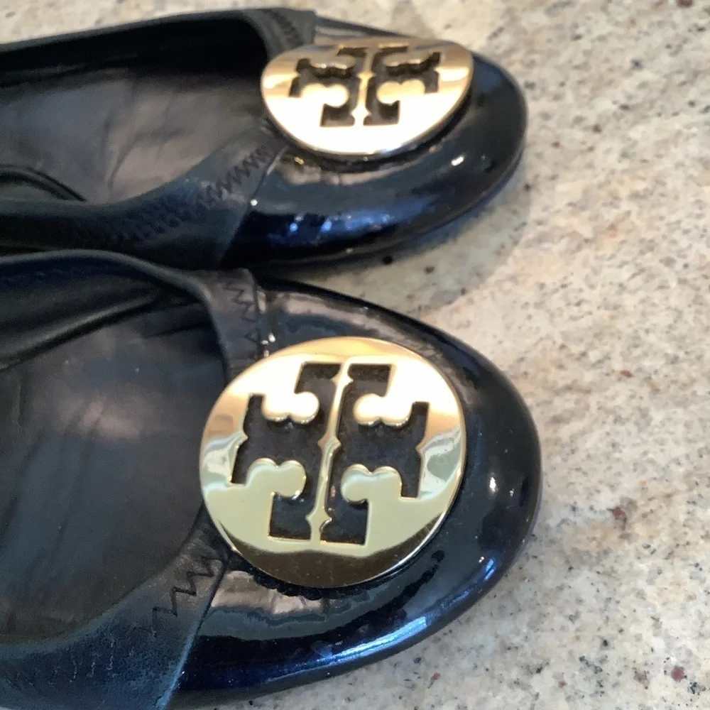 Tory Burch Black Leather Ballet Flats Size 8.5 Patent Toe
